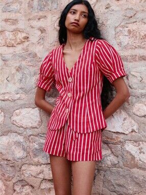Damson Madder Shell Linen Blend Puff-Sleeve Blouse EU Size 14/ US Size 10